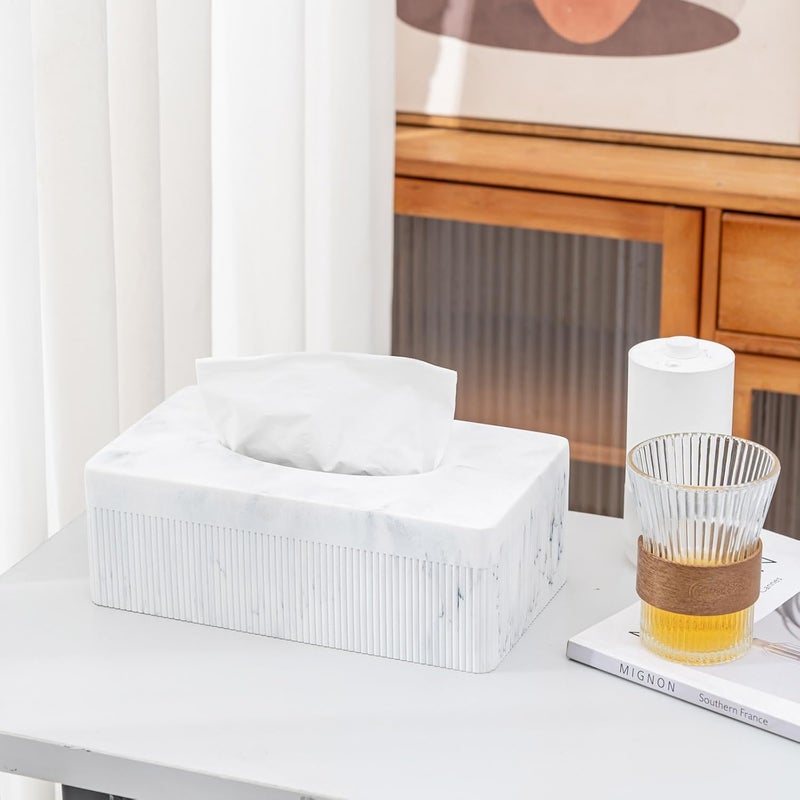 Polytree Marble Tissue Box Cover, Rectangular Napkin Facial Tissues Holder for Home Office, Hand Poured Marble Tissue Box Holder, 10 x 5.7 x 3.7 inches, White - Image 2